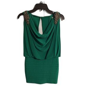 Cache rhinestone shoulder Cowlneck mini dress size 2 green Sexy Y2K Vintage